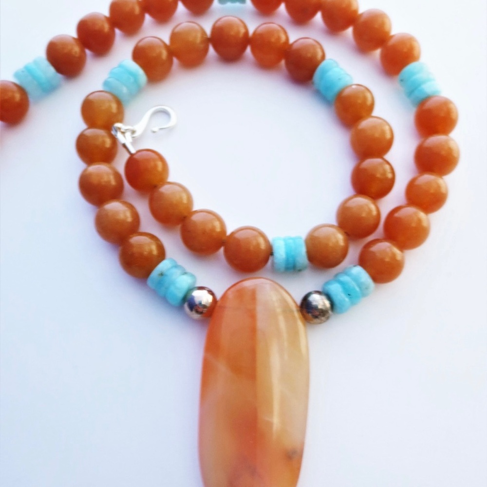 Orange Aventurine Amazonite Pendant Sterling Necklace EE Designs
